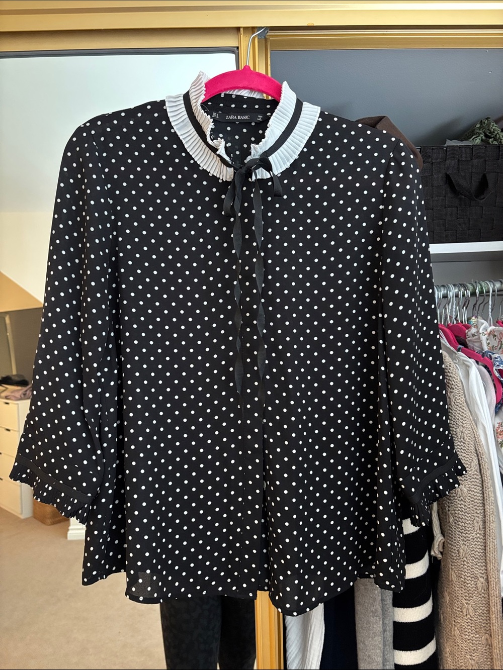 Zara Black and White Polka Dot Bow-Tie Blouse